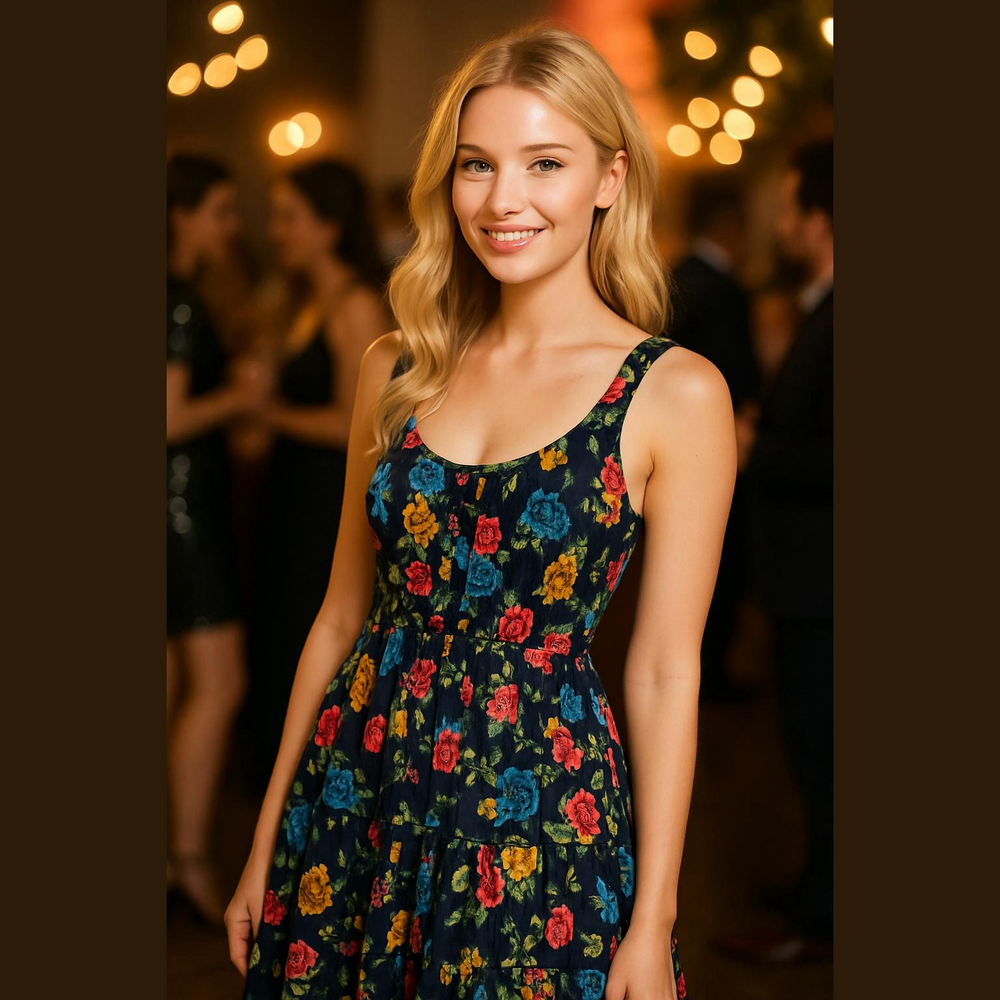 Lapis Navy Floral Tiered Sundress with Pink Yellow and Blue Blooms